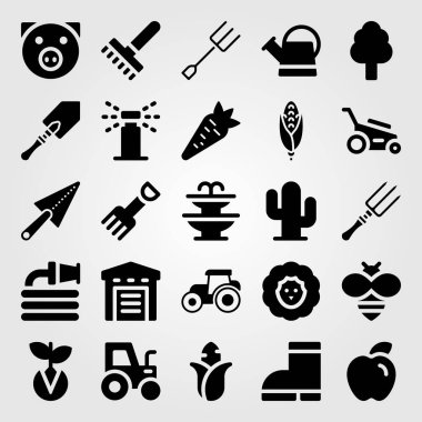 Bahçe simge vektör ayarlayın. serpin, domuz, Mısır ve çatal