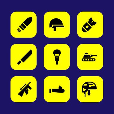 Silah vektör Icon set. bomba, denizaltı, tank ve kask