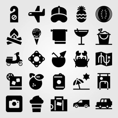 Yaz aylarında vektör Icon set. Araba, Hindistan cevizi, kamyon ve plaj