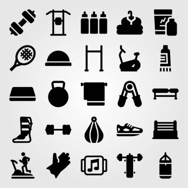 Fitness vektör Icon set. blok, sabit bisiklet, sıra sıkıştırma ve çekme kadar bar