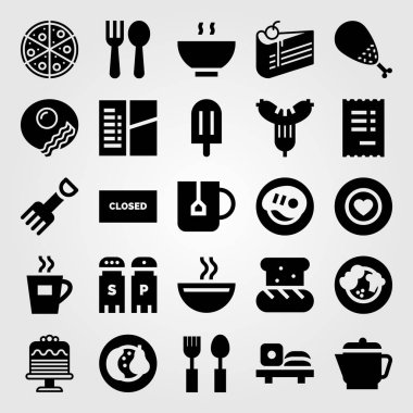 Restoran vektör Icon set. kontrol, çatal bıçak takımı, pizza ve kapalı