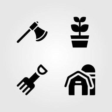 Bahçe Icons set. Vektör çizim balta, çatal, ahır ve bitki