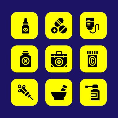 Tıp vektör Icon set. harç, şişe, göz damlaları ve şırınga