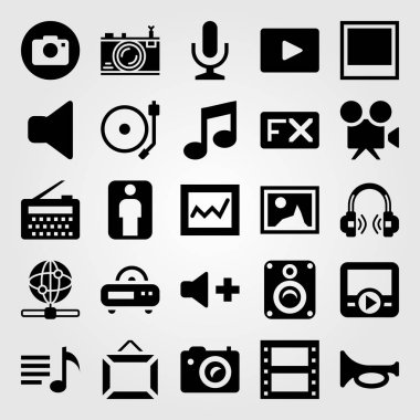 Multimedya vektör Icon set. FX, resim, sessiz ve analytics