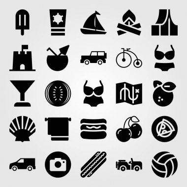 Yaz aylarında vektör Icon set. Araba, karpuz, kiraz ve harita