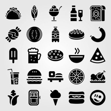 Yiyecek ve içecekler Icon set vektör. tanımlama bilgisi, sosis, taco ve portakal