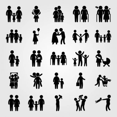 İnsanlar simge vektör ayarlayın. iki Childs'ı oynarken, anne ile oğlu, portre ve