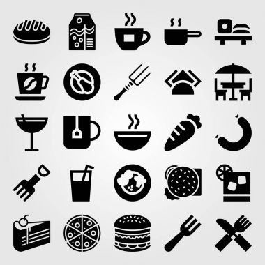 Restoran vektör Icon set. kahve, tavuk but, kokteyl ve Teras