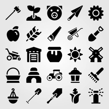 Bahçe simge vektör ayarlayın. Güneş, ayçiçeği, domuz ve çim biçme makinesi