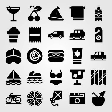 Yaz aylarında vektör Icon set. kapı tokmağı, yelkenli, sosisli sandviç ve pizza