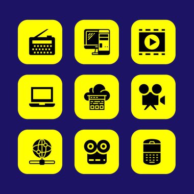 Teknoloji vektör Icon set. telefon, internet, video kamera ve radyo