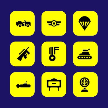 Askeri vektör Icon set. Araba, paraşüt, madalya ve keskin nişancı