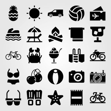 Yaz aylarında vektör Icon set. fotoğraf makinesi, Yengeç, uçak bileti ve kokteyl