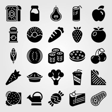 Yiyecek ve içecekler simge vektör ayarlayın. şeker, biftek, sulama olabilir ve brokoli