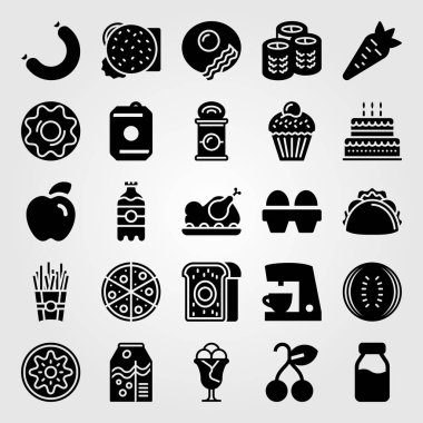 Yiyecek ve içecekler Icon set vektör. Pizza, et, havuç ve sishi