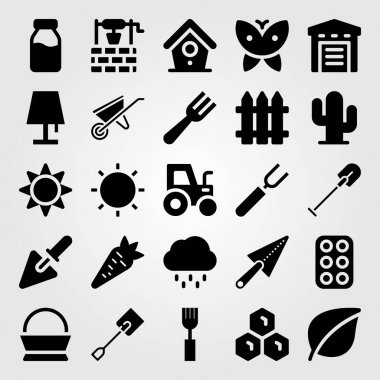 Bahçe vektör Icon set. kürek, kuş evi, sepet ve petek