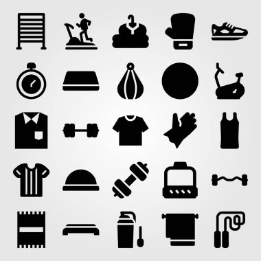 Fitness vektör Icon set. spor salonuna adım, giyim, mat ve koşu bandı