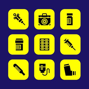 Tıp vektör Icon set. oksijen tüpü, İlkyardım çantası, tıp ve damla sayacı