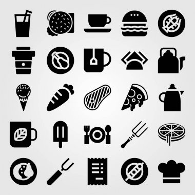 Restoran vektör Icon set. cheef, su ısıtıcısı, çatal bıçak takımı ve biftek