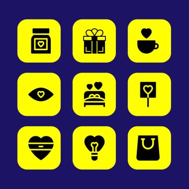 Sevgililer günü vektör Icon set. yatağı seviyorum, Kupası, kalp ve sevgi hapları seviyorum