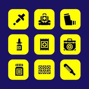 Tıp vektör Icon set. termometre, grup, ilk yardım çantası ve yardım