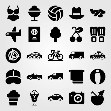 Yaz aylarında vektör Icon set. havlu, pasaport, voleybol ve van