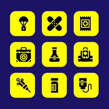 Tıp vektör Icon set. flask, yardım, şırınga ve grup