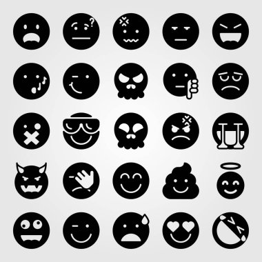 Duygular Icon set vektör. gülüyor, sıkılmış, melek ve üzgün