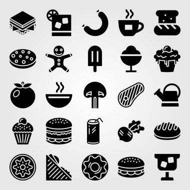 Yiyecek ve içecekler Icon set vektör. soda, burger, zencefil ekmek adam ve sosis