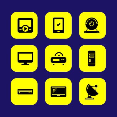 Teknoloji vektör Icon set. PC durumda, bilgisayar, web kamerası ve film oyuncusu