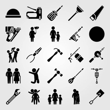 Araçlar simgesi vektör ayarlayın. dostum, silahı, çekiç ve el testeresi tırnak