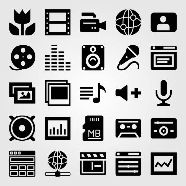 Multimedya vektör Icon set. çalma listesi, ses, fotoğraf ve mikrofon