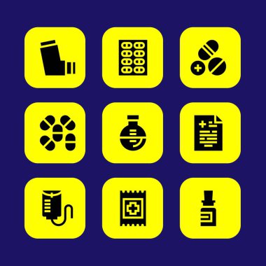 Tıp vektör Icon set. damla sayacı, oksijen tüpü, şişesi ve grubu yardım