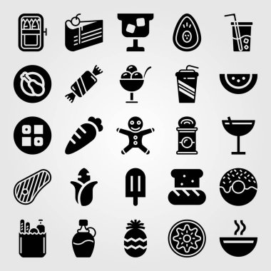 Yiyecek ve içecekler Icon set vektör. cam, sushi, kokteyl ve çocuk oyuncağı