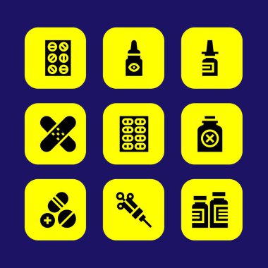 Tıp vektör Icon set. göz damlası, burun spreyi, yama ve şişe