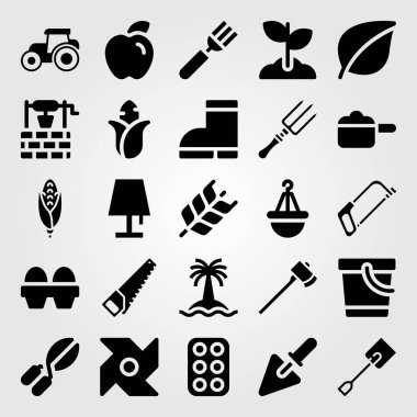 Bahçe vektör Icon set. Apple, yaprak, lamba ve yumurta