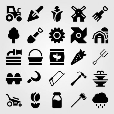 Bahçe simge vektör ayarlayın. Lale, süt şişesi, çatal ve yağmur