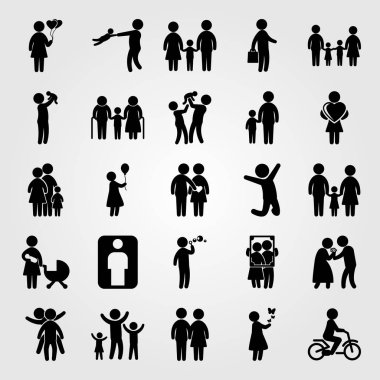 İnsanlar Icon set vektör. Bebek, anneanne, anne ve oğlu ve atlama adam