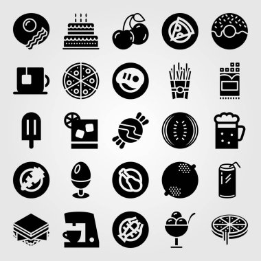 Yiyecek ve içecekler Icon set vektör. yumurta, havuç, sandviç ve gazoz
