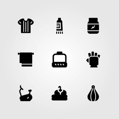 Fitness vektör Icon set. Delme, sabit bisiklet, spor salonu eldiven ve topu Delme