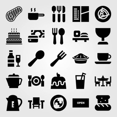 Restoran vektör Icon set. Pizza, su ısıtıcısı, kek ve pasta