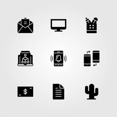 İş vektör Icon set. dizüstü bilgisayar, kalem konteyner, smartphone ve Doları