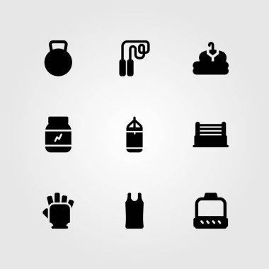 Fitness vektör Icon set. protein, eldiven, giyim ve kettlebell