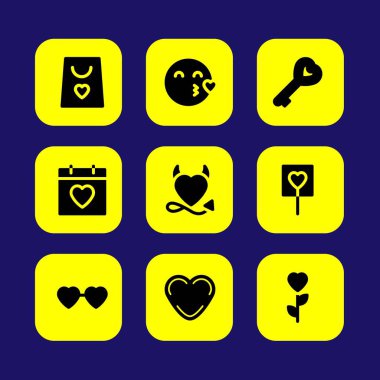 Sevgililer günü vektör Icon set. lolipop, kalp gözlük, aşk anahtar ve şeytan kalp