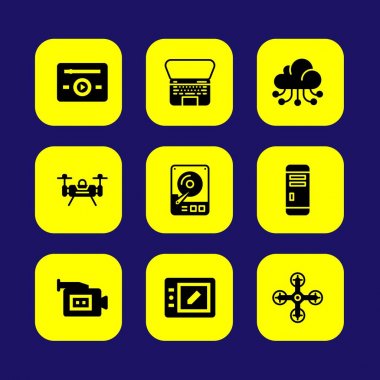 Teknoloji vektör Icon set. tablet, video kamera, müzik çalar ve bulut bilgisayar