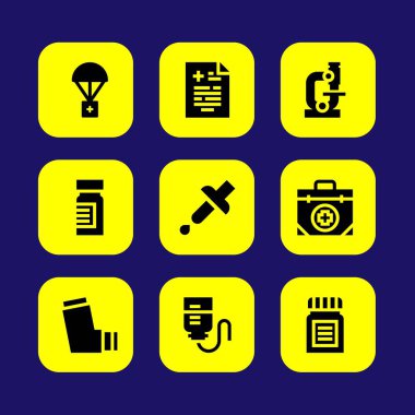 Tıp vektör Icon set. pipet, İlkyardım çantası, tıbbi sonuç ve astım ilacı