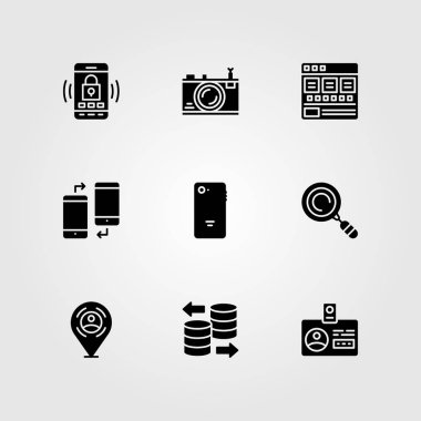 Temel vektör Icon set. kimlik kartı, fotoğraf makinesi, tarayıcı ve yer tutucu