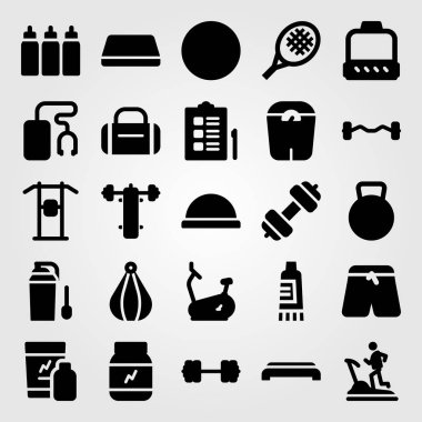 Fitness vektör Icon set. sallar, pantolon, adım ve sıra sıkıştırma