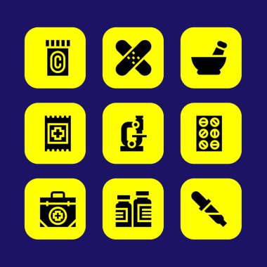 Tıp vektör Icon set. pipet, harç, yardım ve yardım grubu
