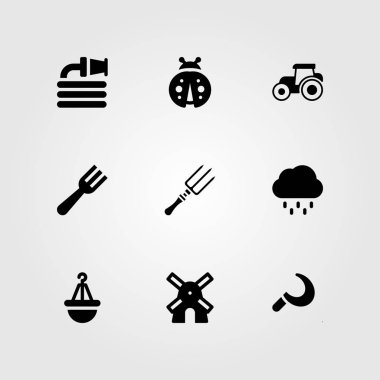 Bahçe vektör Icon set. Çatal, uğur böceği, pot ve hortum